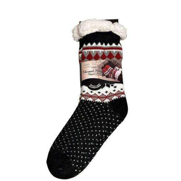 Fashion by Mirabeau Rustic Redwoods Sherpa Thermal Slipper Socks Black Soft OS - Picture 1 of 5
